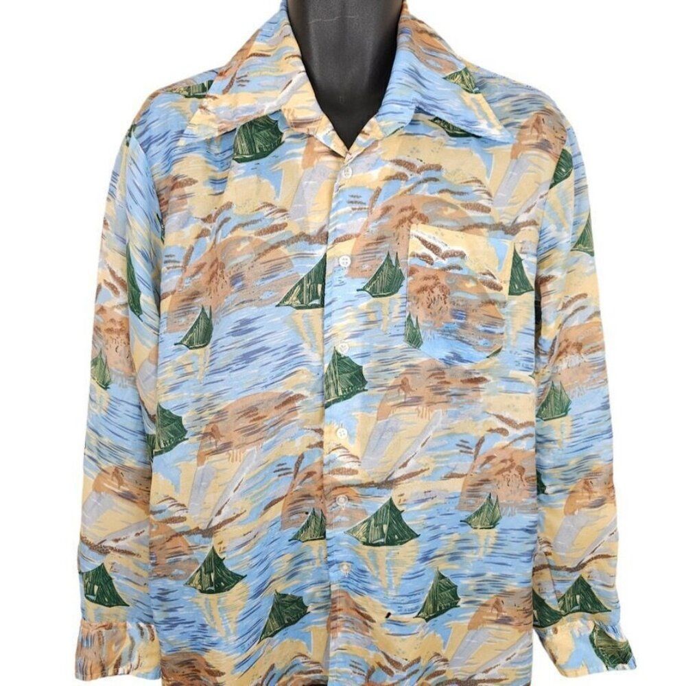 Vintage Peachskin Hawaiian Shirt Mens Size Large Blue 70s Carriage House Of Cali
